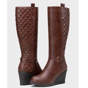 Wedge Knee High Boots Cognac Brown